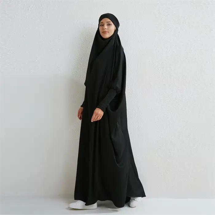 Abaya musulman à capuche manches smockées une pièce Robe de prière femmes Jilbab vêtements islamiques dubaï saoudien