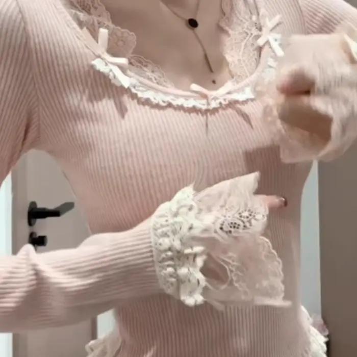 T-shirt à manches longues en dentelle pour femmes