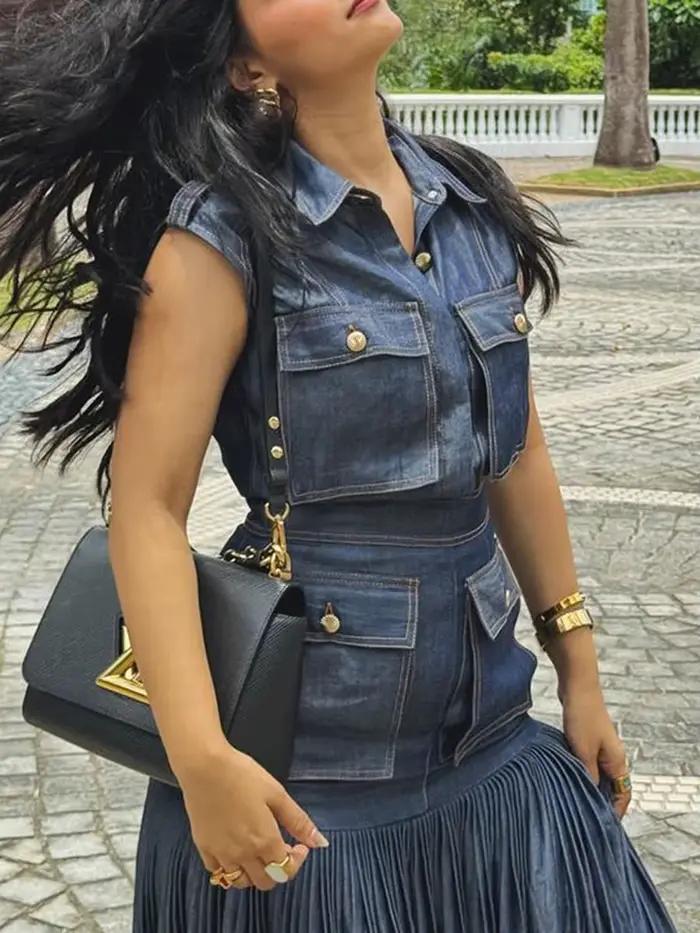 Robe longue sans manches en jean style vintage américain VGH pour femme