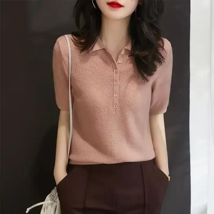 Chemise à col Polo jaune bouton tricoté rose t-shirts pour femmes haut uni vêtements t-shirt à manches courtes nouvelle esthétique synthétique été 2025