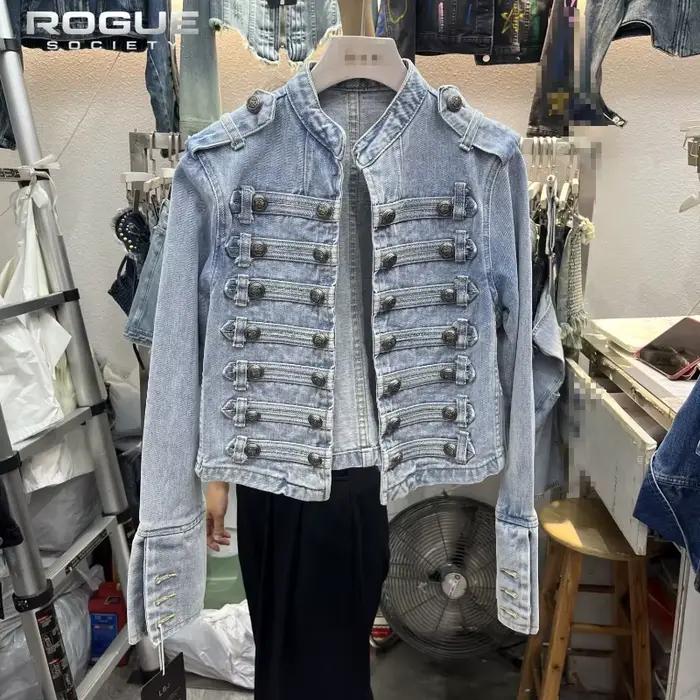 Veste en jean pour femme, coupe carrée, style Y2K rétro, veste hussarde, col montant, double boutonnage, veste courte, style Napoléon, Old Money pour homme