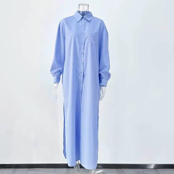 Robe chemise maxi en popeline de coton décontractée à manches longues