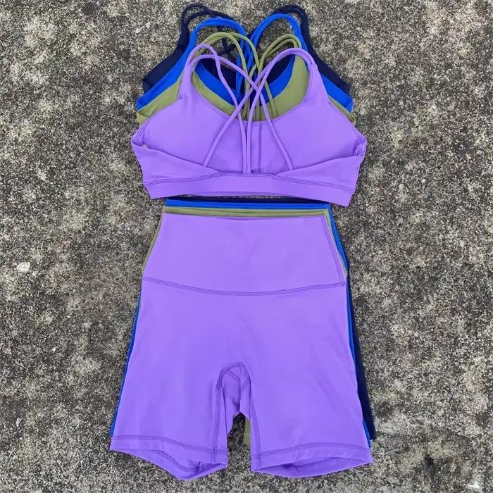 Couleur unie gymnastique vélo Yoga ensemble court Legging dos croisé Sport soutien-gorge 2pc survêtement athlétique