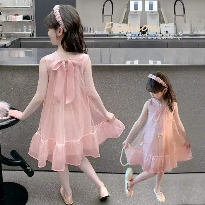 Robe d'été sans manches pour filles, tenue de princesse en maille, gilet, élégante, tenue de fête pour enfants, respirante, décontractée, à la mode