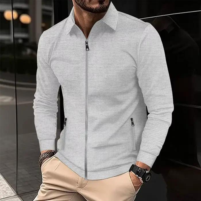 Veste zippée texturée gaufrée pour homme, col rabattu, manches longues décontractées avec poches latérales