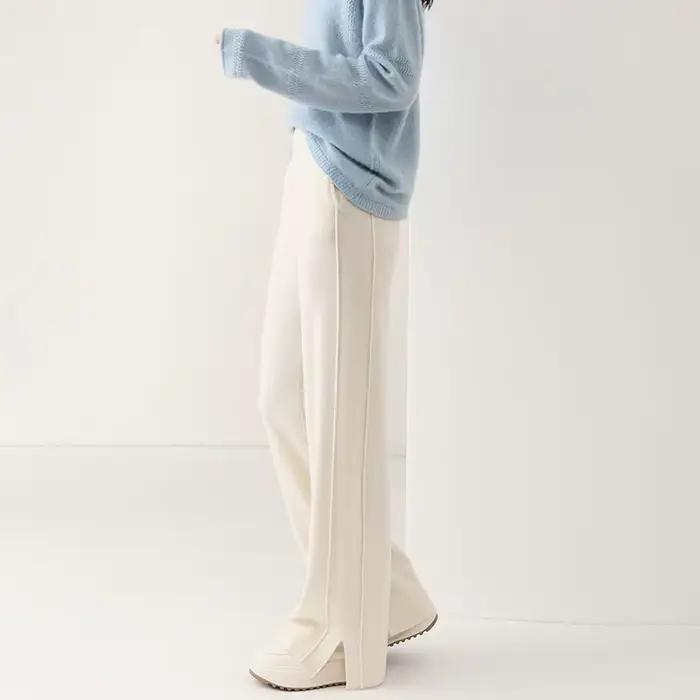 Femmes laine pantalon à jambes larges taille élastique fente latérale femme