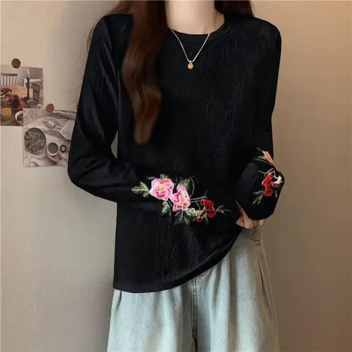 Femmes Style chinois T-shirt broderie Jacquard coupe ample haut printemps automne col rond blouse décontractée pour corps courbé