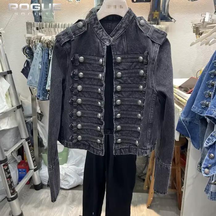Veste en jean pour femme, coupe carrée, style Y2K rétro, veste hussarde, col montant, double boutonnage, veste courte, style Napoléon, Old Money pour homme