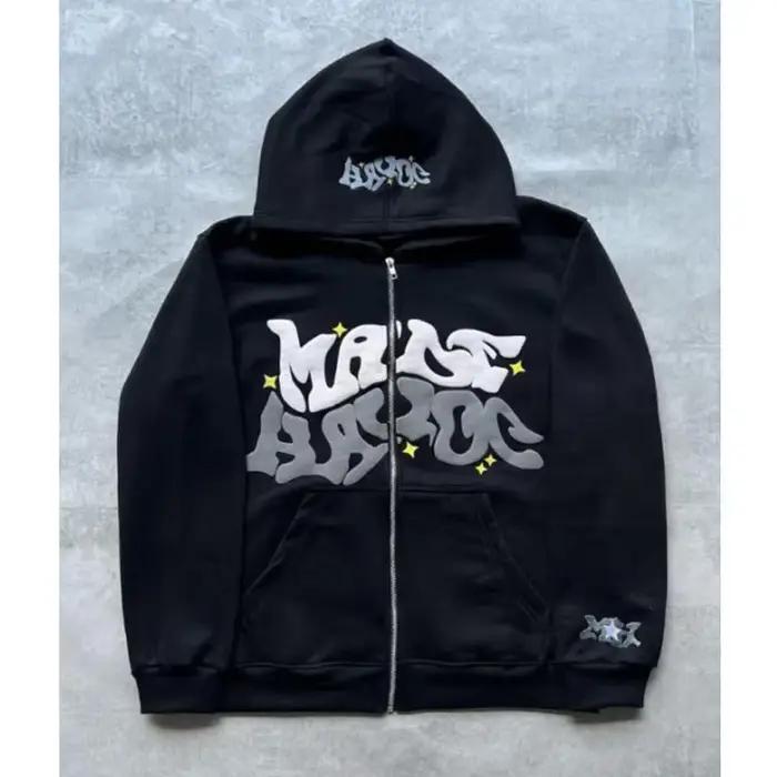 Sweat-shirt à capuche avec fermeture éclair et lettres américaines rétro