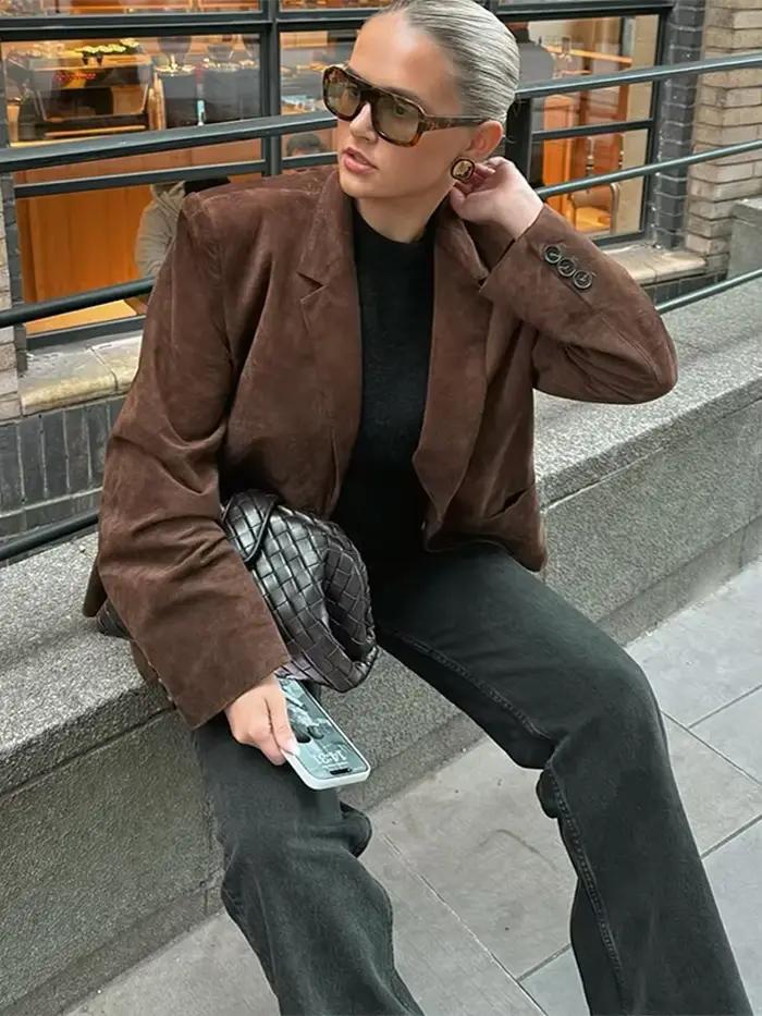 Veste Blazer en daim marron pour femme, col en v, manches longues, simple boutonnage, manteau ample, vêtements d'extérieur pour les déplacements quotidiens, automne 2025