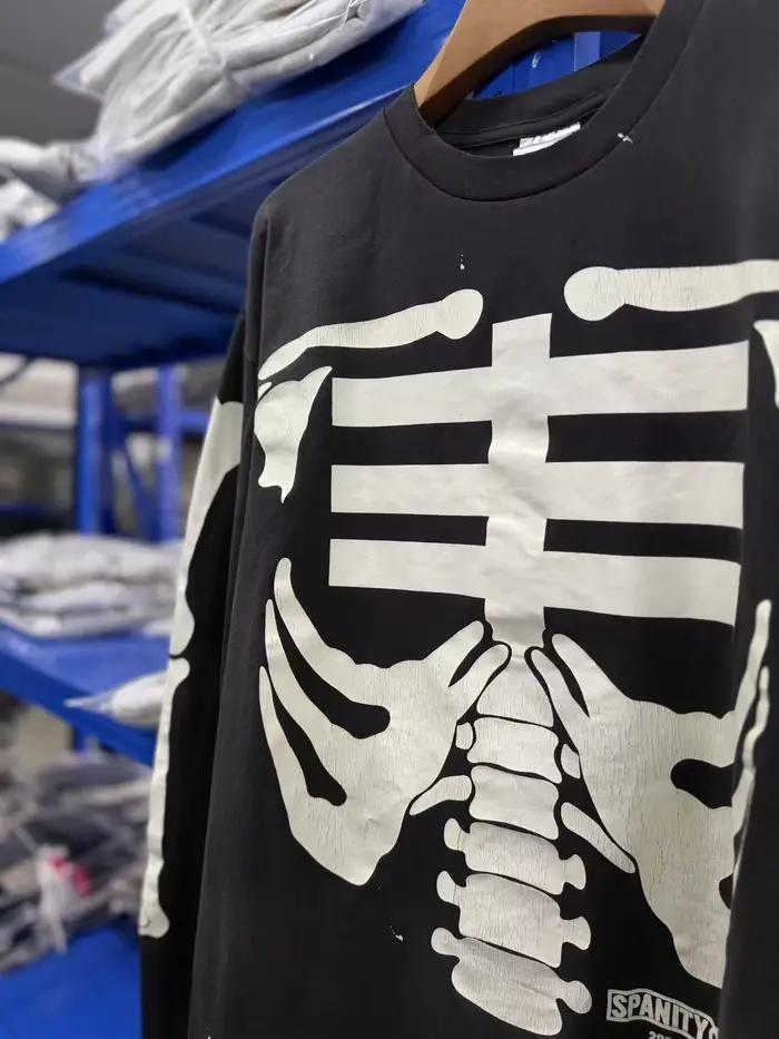 T-shirt unisexe à manches longues avec motif crâne lumineux, effet délavé, qualité supérieure, collection 26AW