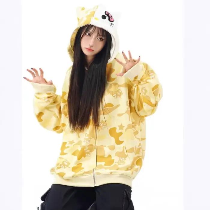 Sweat à capuche Hello Kitty, nouveau cardigan kawaii pour fille, style Y2K, veste camouflage anime, cadeau de Noël
