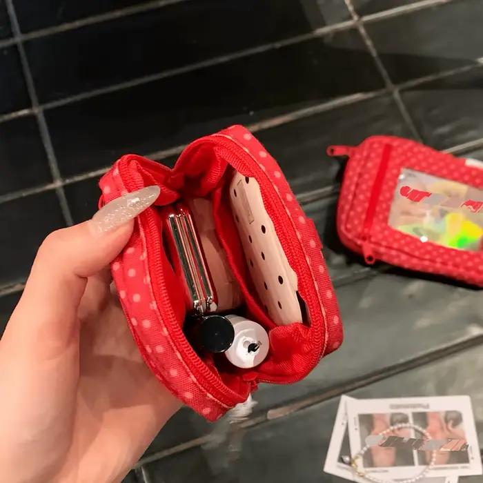 Porte-monnaie rouge à pois style rétro en toile avec fenêtre transparente