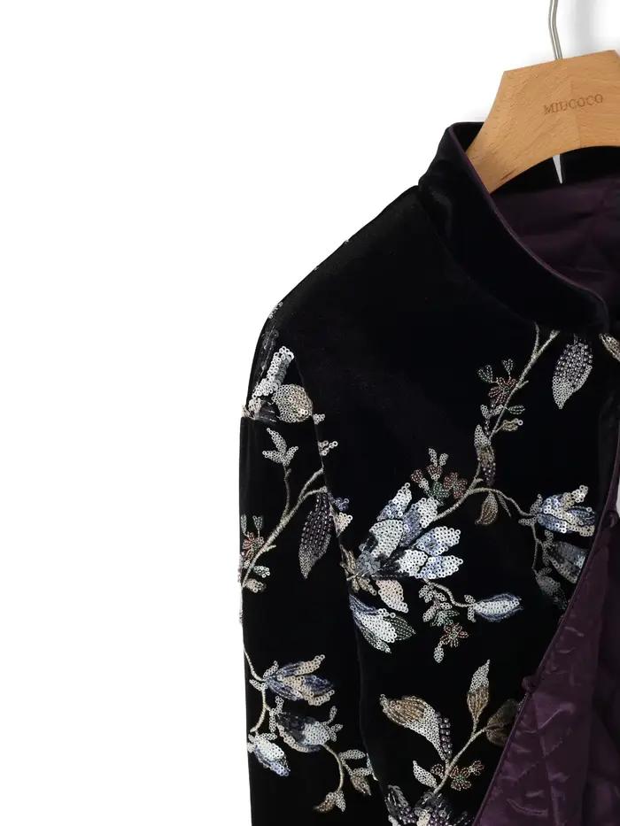 Veste courte matelassée en velours noir brodé pour femme, motif floral et oiseaux, style vintage de luxe, élégante pour l'hiver