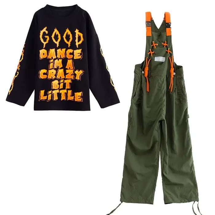 Enfant Kpop Hip Hop vêtements lettres noires sweat armée vert rue cravate bavoirs pantalon combinaison pour fille