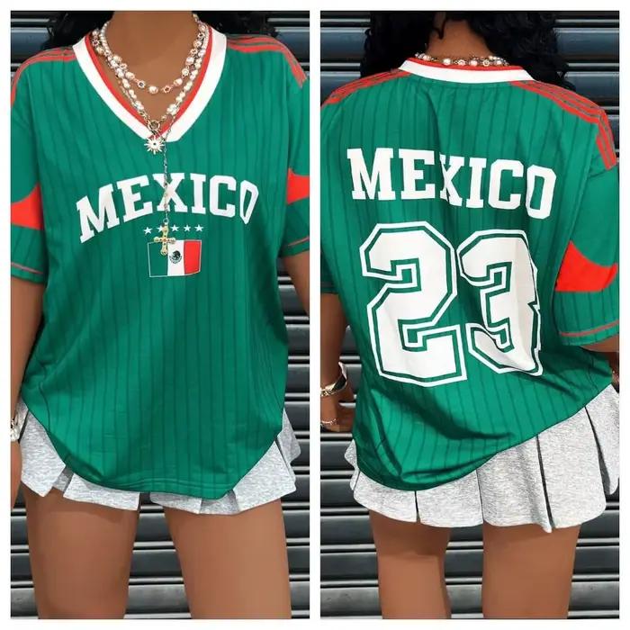 Chemise graphique Mexique à col en V pour femme - Bordeaux et blanc, coupe ample, avec inscription _MEXICO_ et motif cœur, haut décontracté tendance