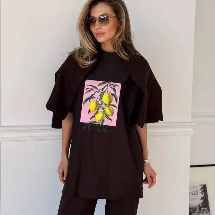 T-shirts imprimés fruits citron 100% coton femmes hauts graphiques vintage esthétique botanique streetwear