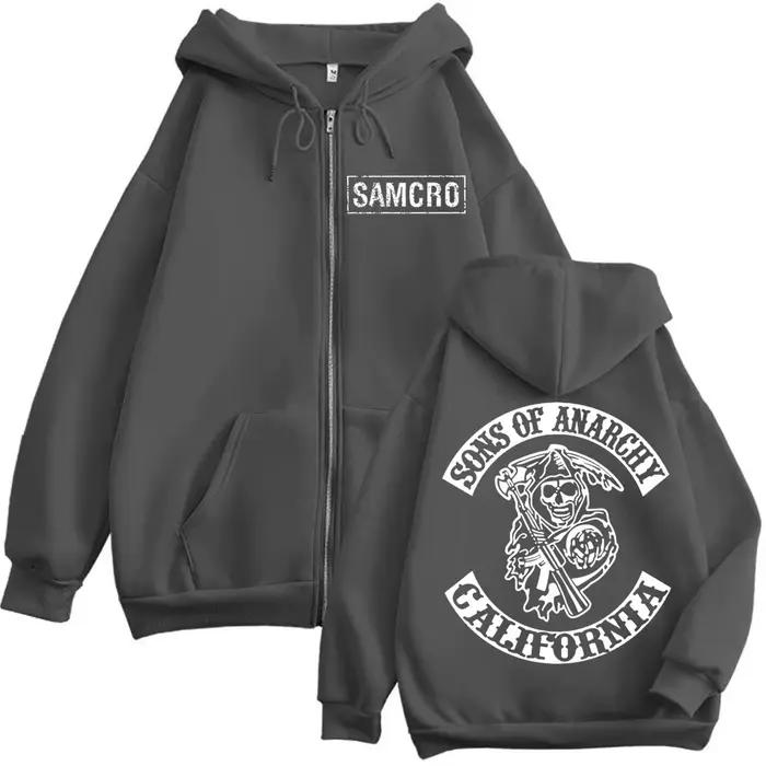 Sons of Anarchy – sweat à capuche avec fermeture éclair imprimée Double face pour hommes et femmes, gothique, Vintage, fermeture éclair, décontracté, mode, pulls surdimensionnés