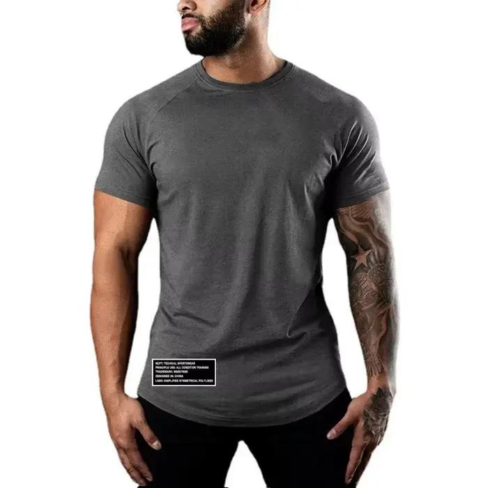 Hommes Gym Sport chemises été coton respirant coupe ajustée vêtements musculaires décontracté Fitness entraînement à manches courtes col rond t-shirts