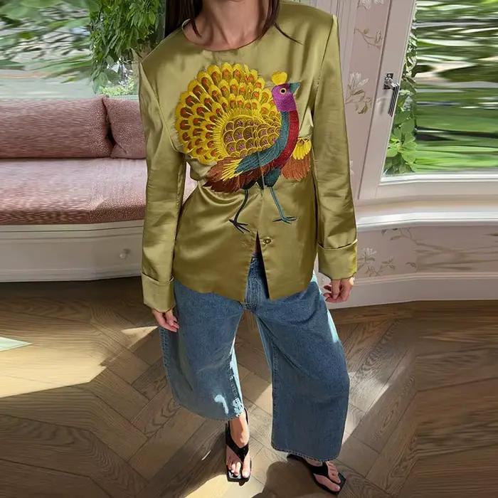 Blazer Femme 2026 – Veste Décontractée de Luxe à Broderie Paon, Manches Longues Amples, Style Urbain et de Bureau