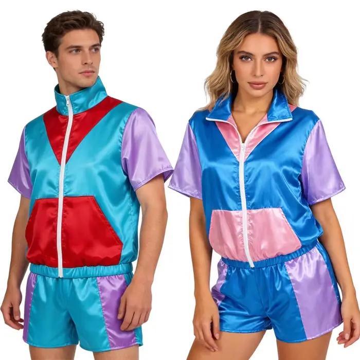 Ensemble de survêtement rétro années 80 et 90 unisexe avec haut zippé à manches courtes et short pour Halloween et soirées de cosplay