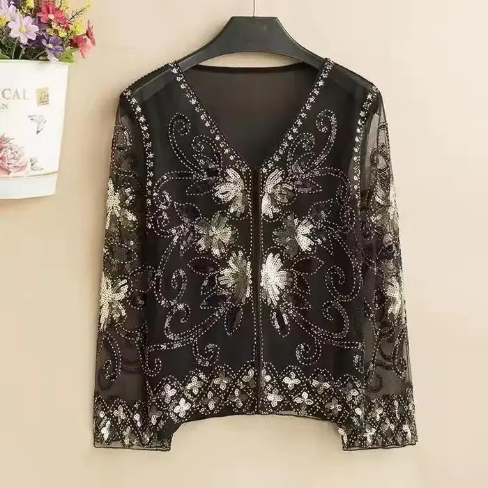 Vêtements pour femmes mode évider paillettes couverture en dentelle printemps automne nouveau col en V impression