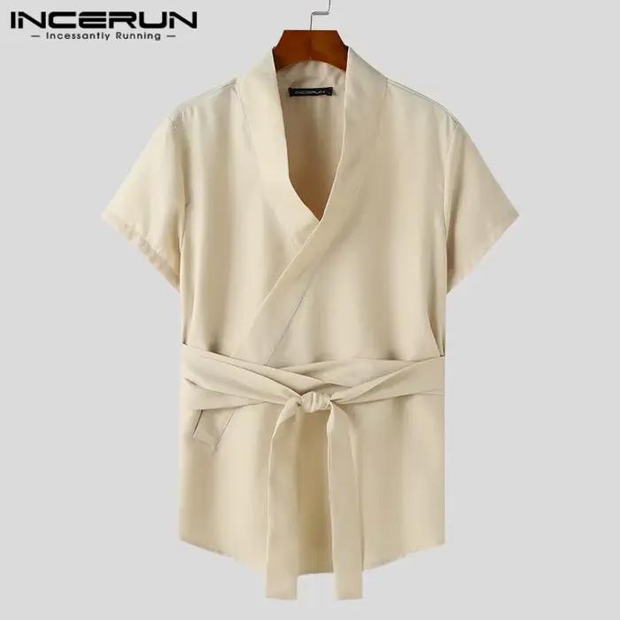 T-shirt Homme INCERUN Couleur Unie Col en V Manches Courtes Été Décontracté Hauts Streetwear 2026 Lacets Mode Vêtements