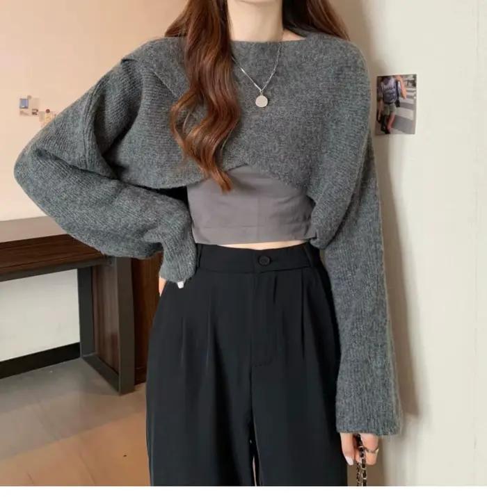 Pull court Fictitni en acrylique pour femmes élégantes, automne hiver, design moderne, col rond, coupe régulière, tricot croisé, confort et distinction