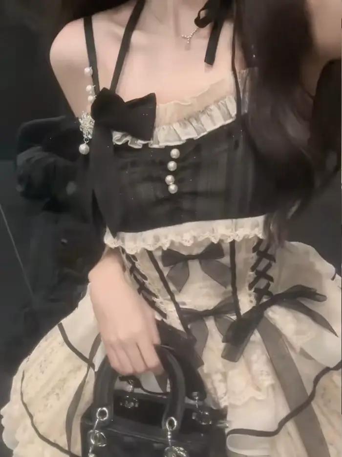 Robe Noire Lolita Douce pour Femmes Vêtements Décontractés Y2K Robe Japonaise Kawaii Vêtements de Soirée Vintage Chic Occasions Spéciales