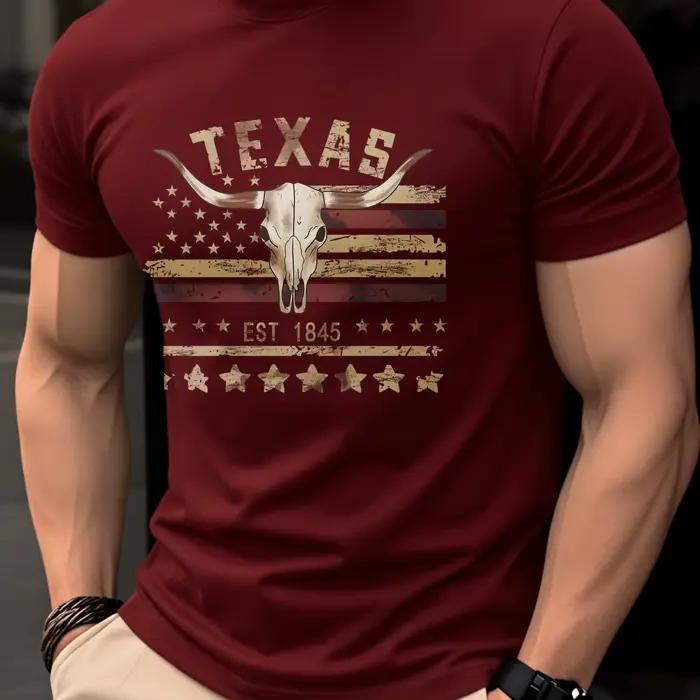 T-shirt pour homme Texas EST 1845 avec crâne de Longhorn, imprimé drapeau américain vintage, style western décontracté, coton, manches courtes