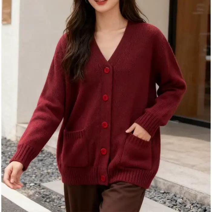 Pull automne et hiver élégant bordeaux col en v à manches longues poche simple boutonnage laine tricoté pull femmes