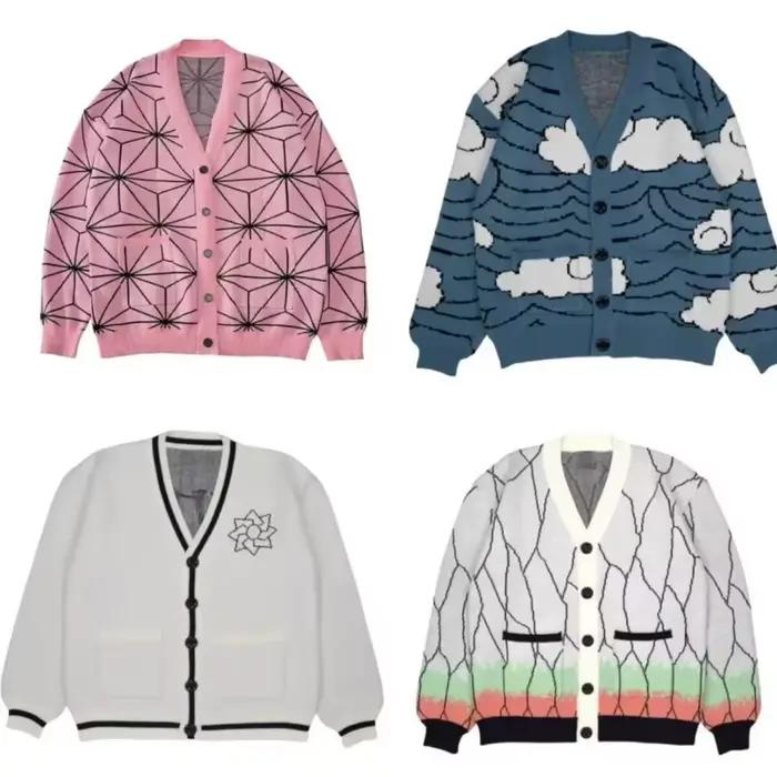 Pull tricoté unisexe Demon Slayer Tanjirou, col en v, Costume de Cosplay, Cardigan chaud, veste d'halloween, vêtements d'extérieur sur le thème Anime