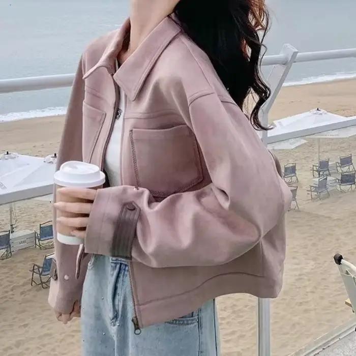 Veste courte en polaire suédé rose pour femme