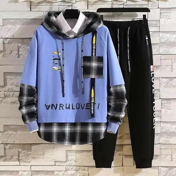 Survêtement de sport shangkaka pour homme, haut à carreaux, pantalon alphabet, ensemble décontracté printemps été, style chic, tenue de jogging et randonnée