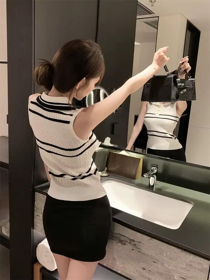 Débardeur côtelé tricoté sexy pour femme, style polo, basique d'été, coupe ajustée, à rayures, décontracté