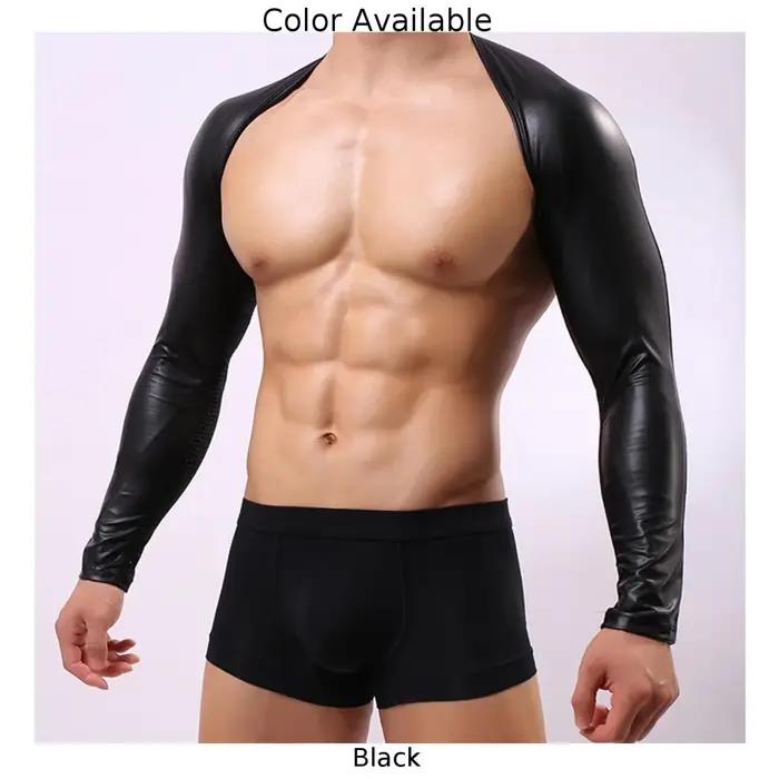 T-shirt à manches longues en similicuir noir uni pour hommes