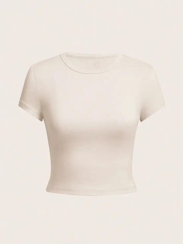 T-shirt ajusté pour femmes style coréen été minimaliste polyester élasthanne couleurs unies décontracté haut col rond occaions spéciales