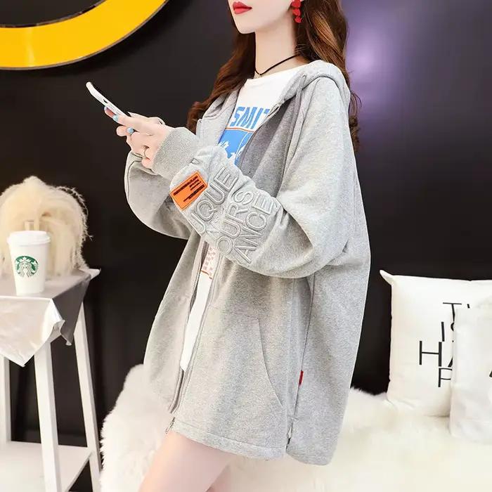 Sweat à Capuche Vert Brodé Pour Femme, Style Décontracté, Polyvalent Printemps-Automne, Fermeture Éclair Complète, Élégant Pour Courses et Sorties