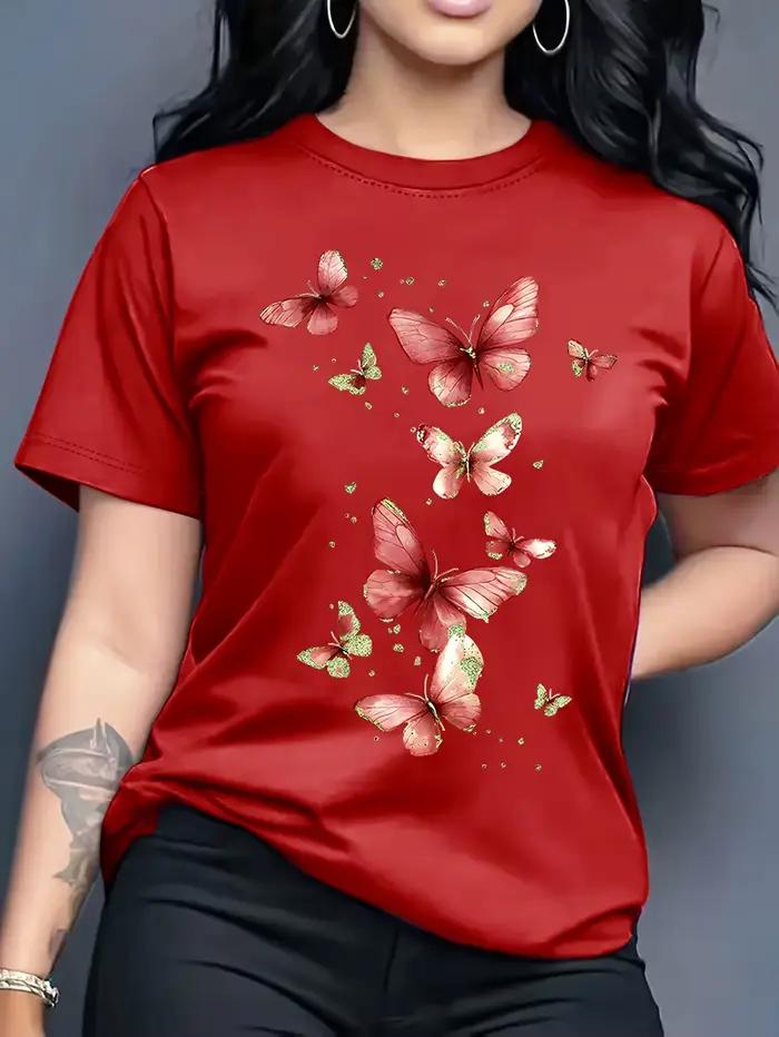 T-shirt imprimé papillon à manches courtes et col rond