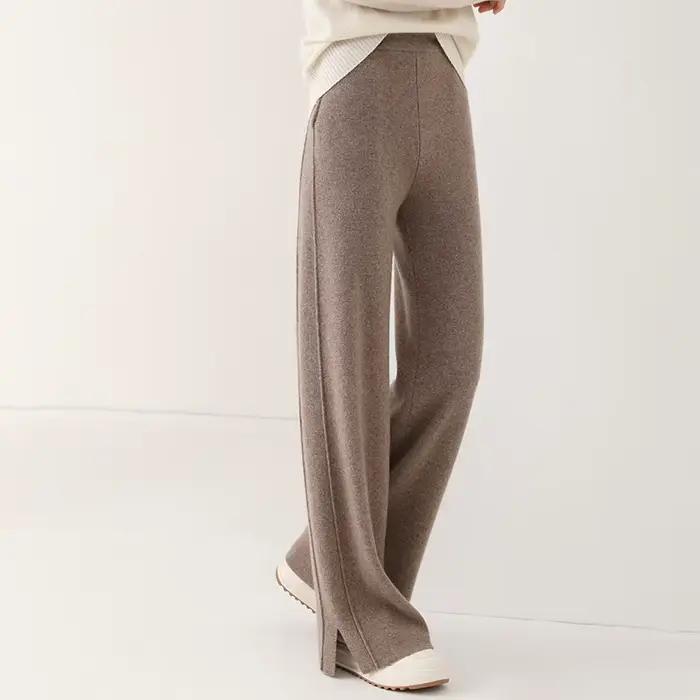 Femmes laine pantalon à jambes larges taille élastique fente latérale femme