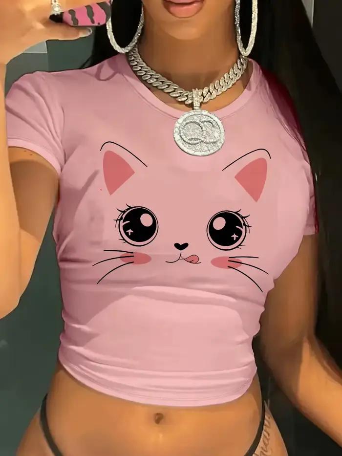 T-shirt à col rond imprimé chat Meme Kawaii tendance Y2K