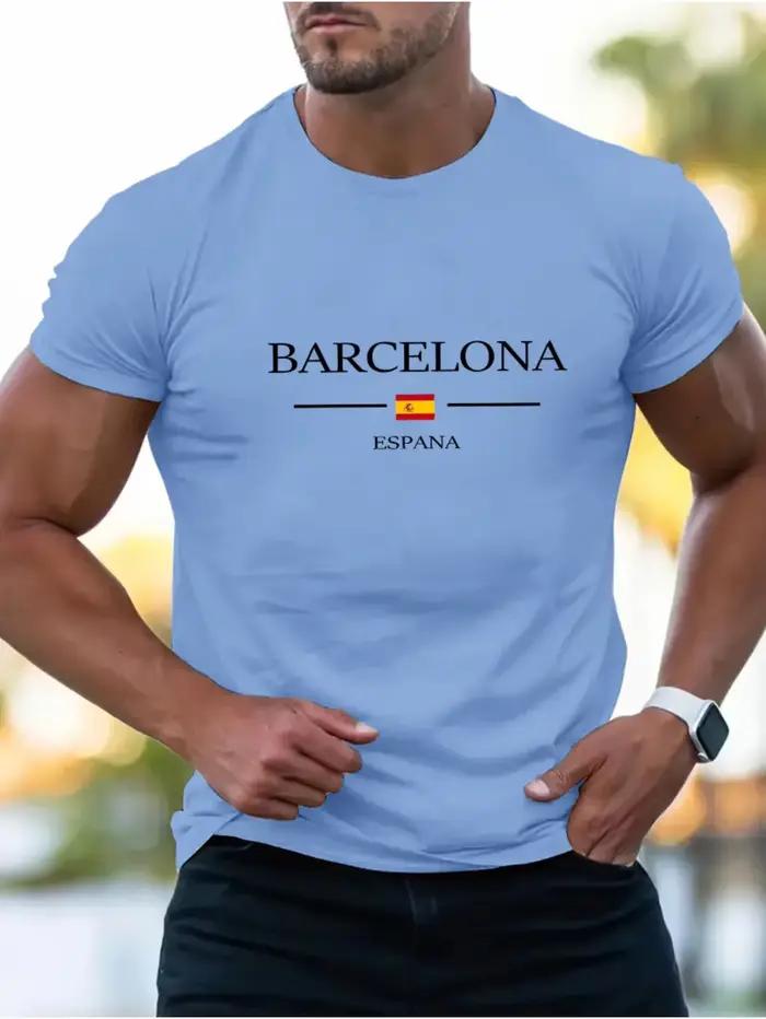 T-shirt imprimé Lettre Barcelone 100% Coton Coupe décontractée d'été Col rond Manches courtes pour Hommes Femmes Enfants