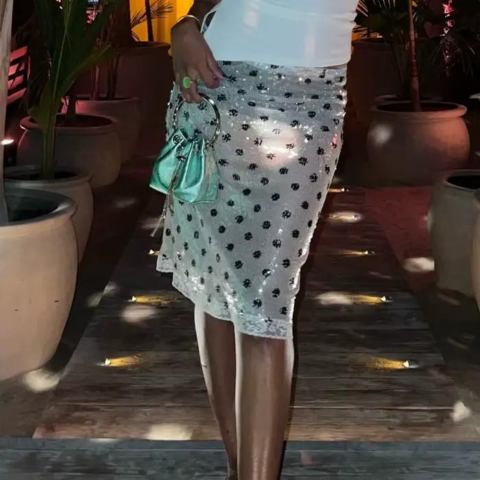 Femmes paillettes à pois jupe transparente maille Sexy voir à travers les jupes mi-longues été plage couvrir