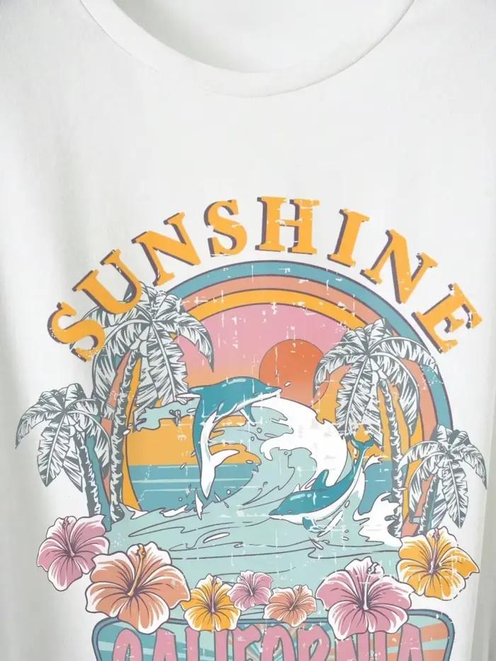 Soleil californie sur la plage lettre graphique T-Shirt femmes décontracté à manches courtes vêtements rue ample