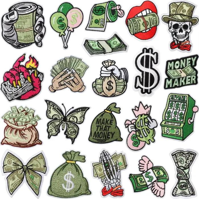 Patch thermocollant en tissu américain pour veste personnalisée, broderie rétro motif billet de banque, 10 pièces en vrac, créatif DIY pour vêtements en denim
