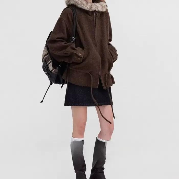 Manteau en laine à bords d'ourlet marron Vintage pour femme