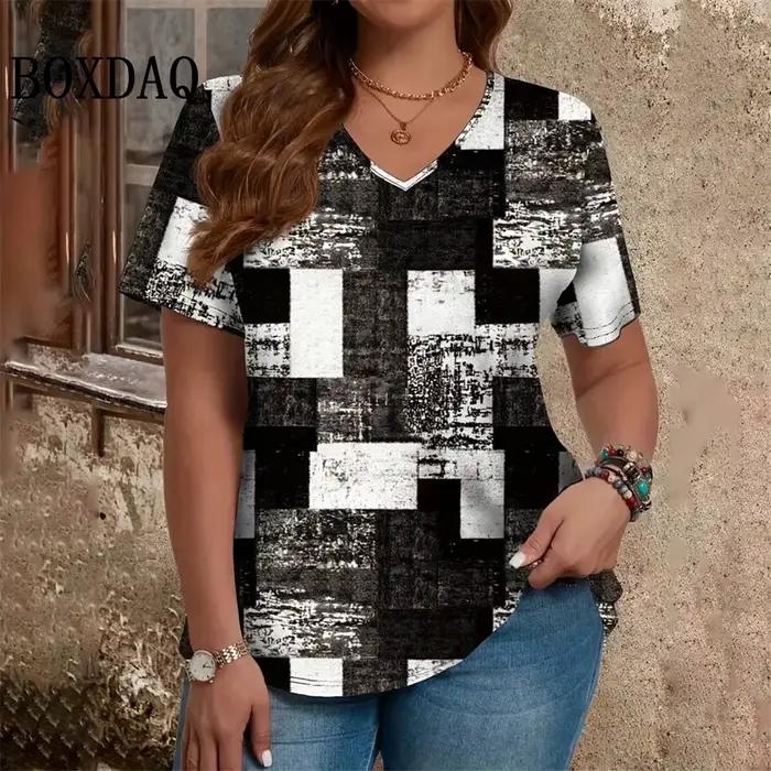T-shirt d'été à manches courtes et col en v pour femme, haut Vintage, imprimé graphique géométrique, chemises amples, décontracté, grande taille, vêtements 8XL