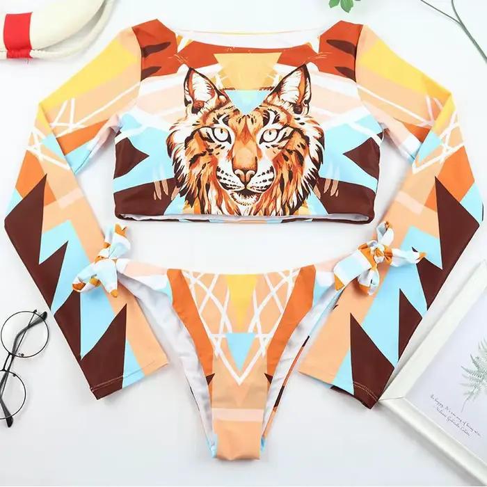 Maillot de bain deux pièces imprimé tigre pour femme, bikini push-up, manches longues, surf, été, nouveau, 2023