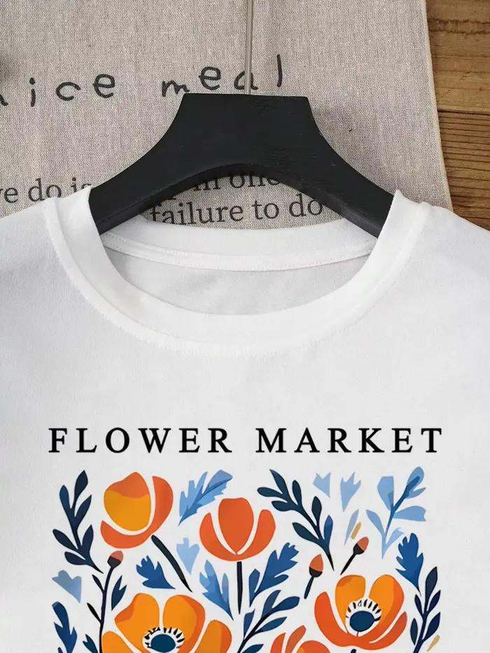 T-shirt fleurs jaunes californie imprimé pour femme en coton doux style streetwear pour l'été et activités outdoor