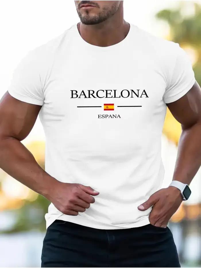 T-shirt imprimé Lettre Barcelone 100% Coton Coupe décontractée d'été Col rond Manches courtes pour Hommes Femmes Enfants
